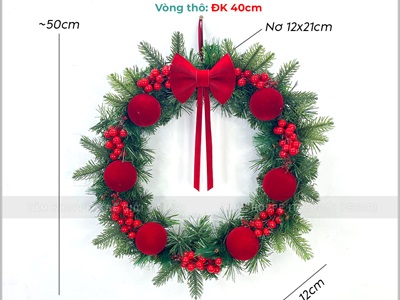 Vòng nguyệt quế Noel Châu nhung nơ đỏ ĐK 50cm VNGQ-X-39